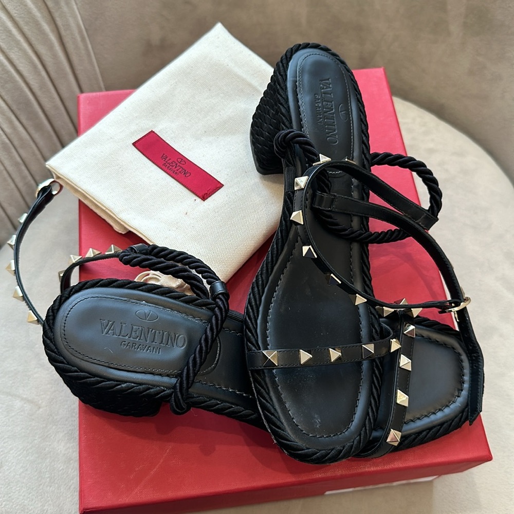 Valentino Garvani Rockstud Leather Rope Ankle Strap Sandals 65 MM Heel Black 39 - Picture 3 of 16